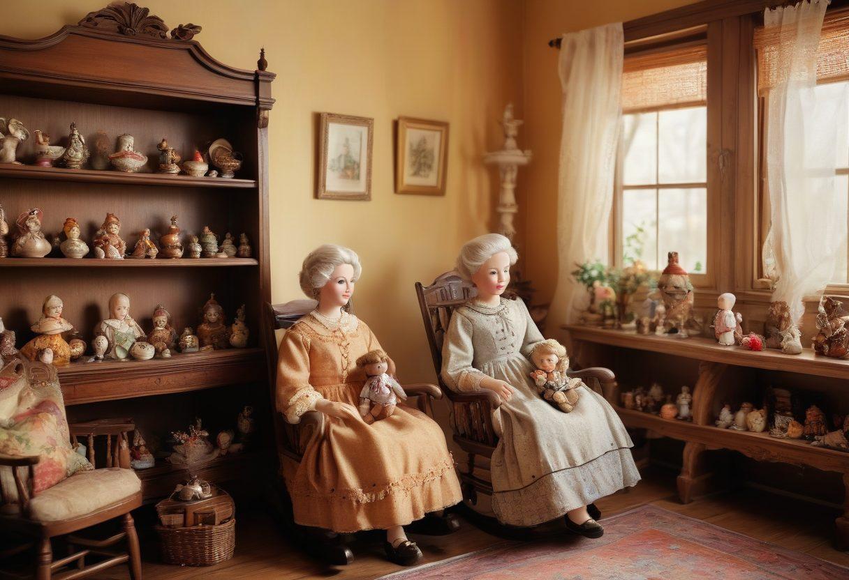A cozy vintage room filled with charming grandma dolls in various styles, displayed on ornate wooden shelves. Soft natural light illuminates the scene, highlighting the intricate details of the dolls' dresses and facial expressions. In the background, a collection of colorful vintage collectibles like porcelain figurines and antique toys adds a sense of nostalgia. A comfortable rocking chair invites viewers to sit and reminisce. The overall atmosphere evokes warmth and cherished memories. super-realistic. warm colors. soft focus.