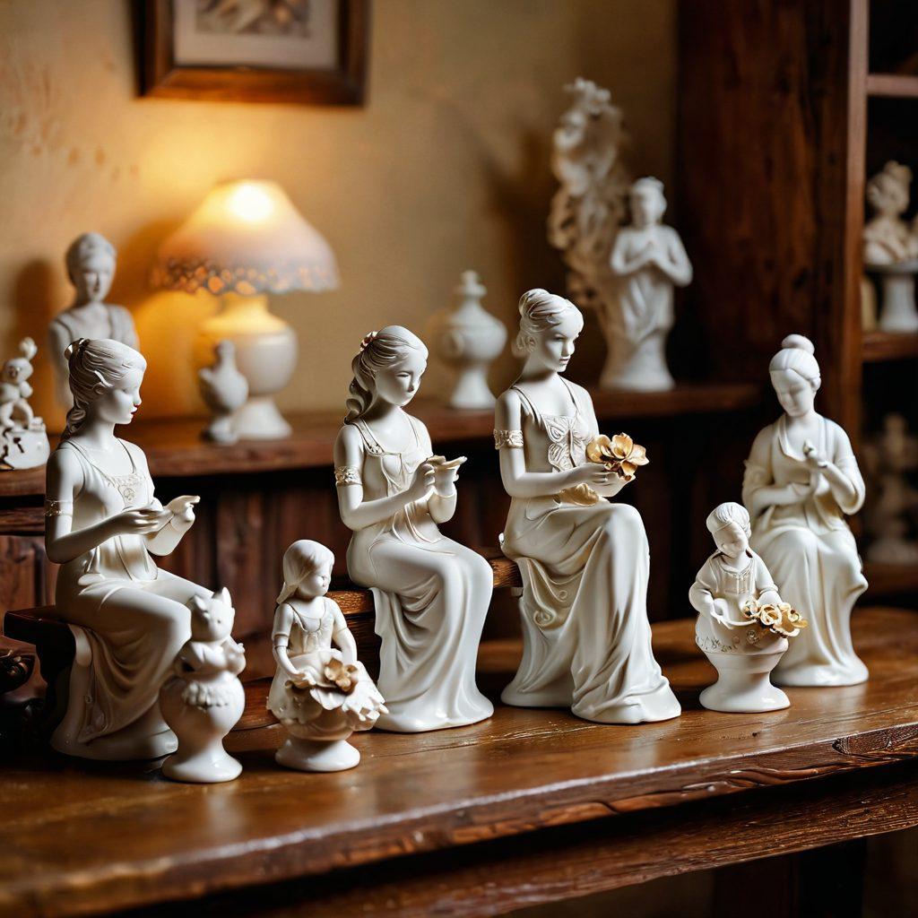 A delicate collection of intricately designed porcelain figurines arranged on a rustic wooden table, surrounded by soft, ambient lighting. The background features a blurred, warm-toned vintage shop interior filled with more handmade artifacts. Each figurine showcases beautiful craftsmanship and unique details, representing various themes. Soft shadows cast by the warm glow create a nostalgic atmosphere, evoking cherished memories. artistic photography. warm tones. soft focus.