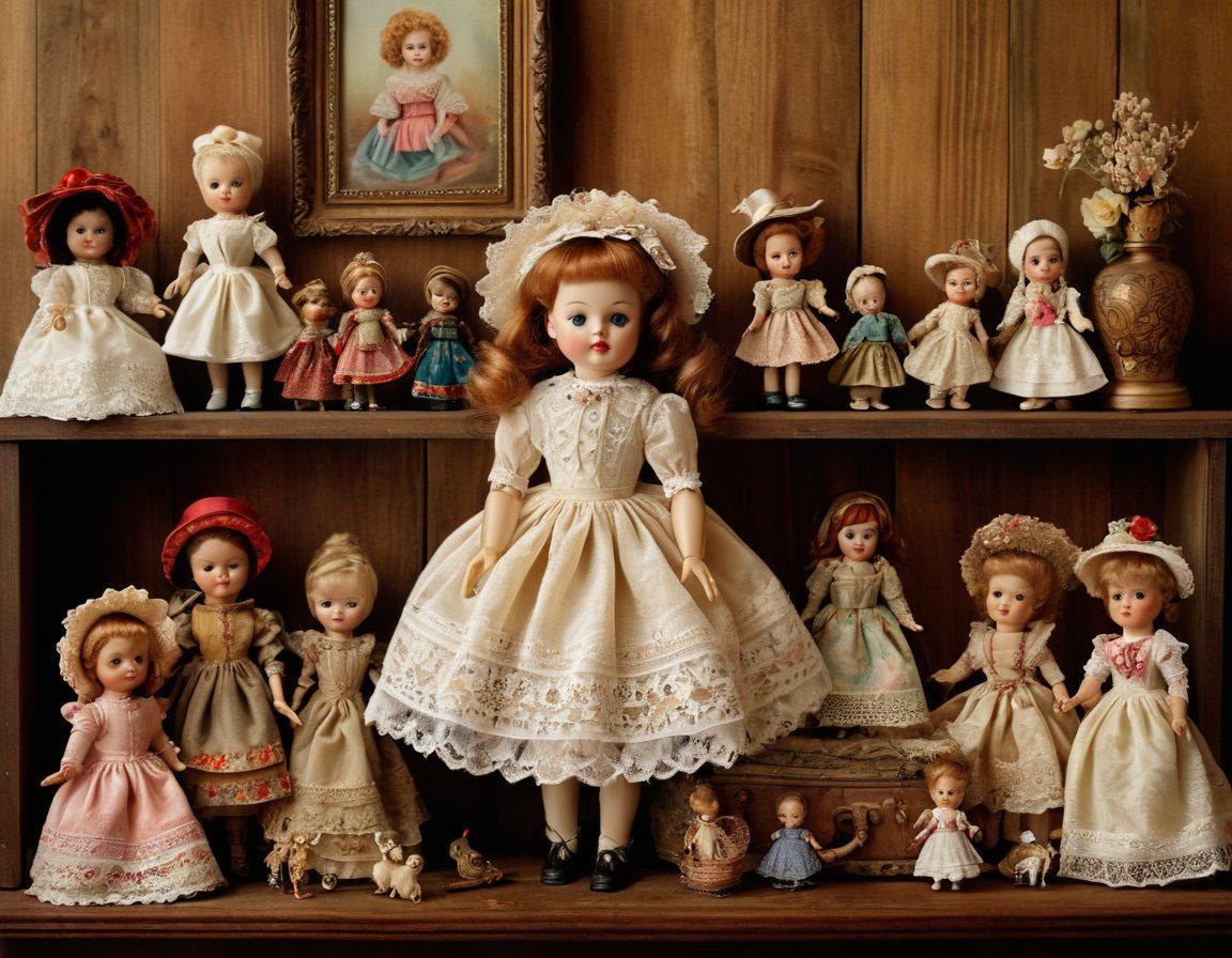 A captivating collage showcasing a timeline of vintage dolls and collectibles, starting with an antique doll on one end and modern artistic versions on the other. Include intricate details like lace, porcelain, and vibrant colors transitioning to contemporary styles. Set against a softly lit, rustic wooden background to evoke nostalgia and warmth. super-realistic. vibrant colors. soft focus.